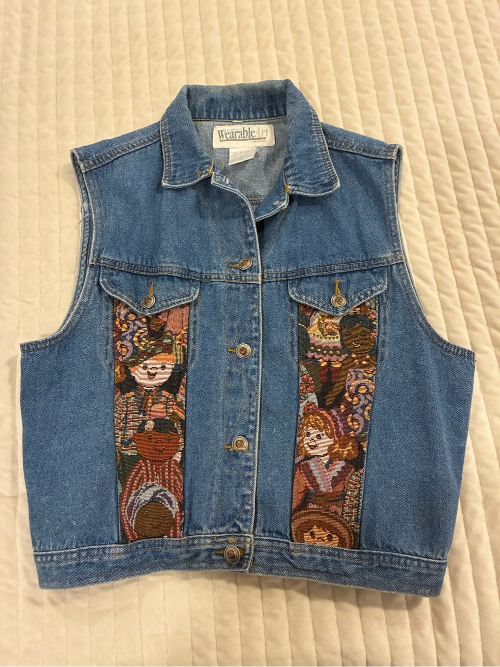 Wearable Art For Educators Vintage Denim Vest with Multicolor Tapestry large